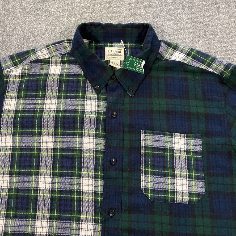 L.L. Bean Scotch Plaid Colorblock Flannel Shirt Adult XL Blue Green Blackwatch